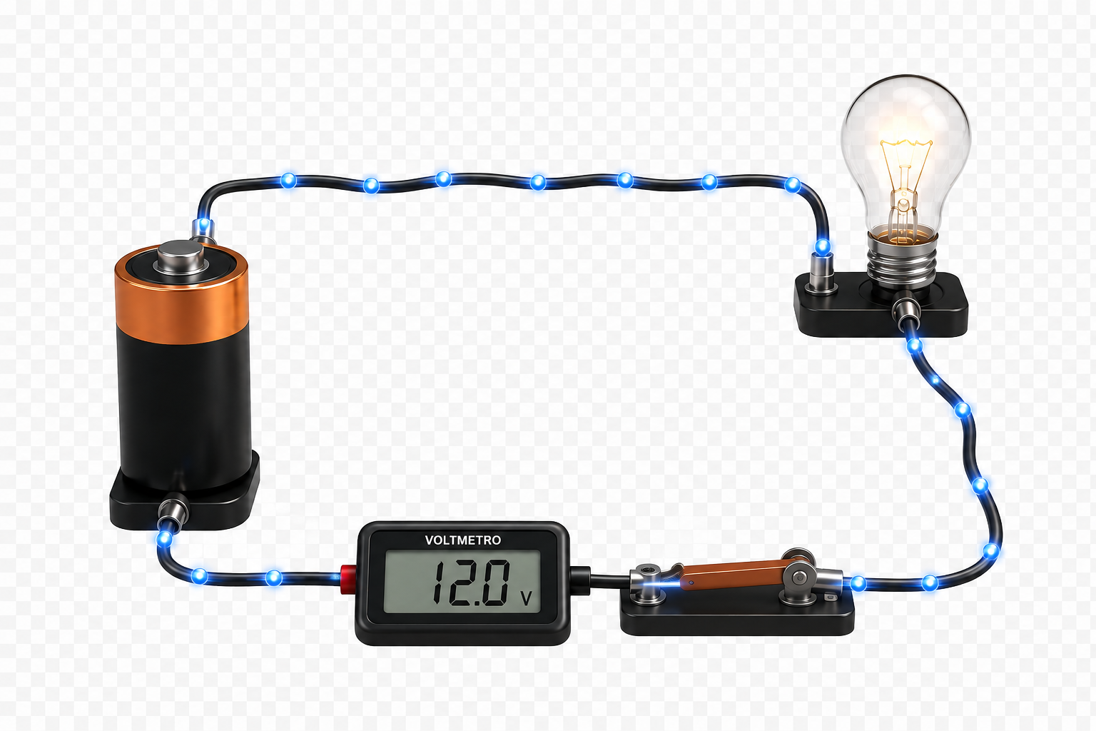 Circuito chiuso con batteria, lampadina accesa e interruttore chiuso