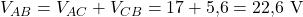  V_{AB} = V_{AC} + V_{CB} = 17 + 5{,}6 = 22{,}6\ \mathrm{V} 