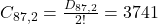 C_{87,2} = \frac{D_{87,2}}{2!} = 3741