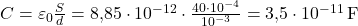  C = \varepsilon_0 \frac{S}{d} = 8{,}85 \cdot 10^{-12} \cdot \frac{40 \cdot 10^{-4}}{10^{-3}} = 3{,}5 \cdot 10^{-11} \, \text{F} 