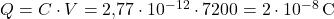  Q = C \cdot V = 2{,}77 \cdot 10^{-12} \cdot 7200 = 2 \cdot 10^{-8} \, \text{C} 