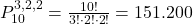  P_{10}^{3,2,2} = \frac{10!}{3! \cdot 2! \cdot 2!} = 151{.}200 