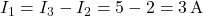  I_1 = I_3 - I_2 = 5 - 2 = 3\,\text{A} 