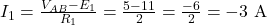  I_1 = \frac{V_{AB} - E_1}{R_1} = \frac{5 - 11}{2} = \frac{-6}{2} = -3\ \mathrm{A} 