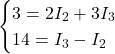   \begin{cases} 3 = 2 I_2 + 3 I_3 \\ 14 = I_3 - I_2 \end{cases} 