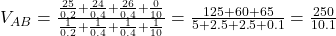  V_{AB} = \frac{ \frac{25}{0.2} + \frac{24}{0.4} + \frac{26}{0.4} + \frac{0}{10} }{ \frac{1}{0.2} + \frac{1}{0.4} + \frac{1}{0.4} + \frac{1}{10} } = \frac{125 + 60 + 65}{5 + 2.5 + 2.5 + 0.1} = \frac{250}{10.1} 