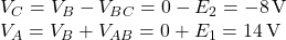  V_C = V_B - V_{BC} = 0 - E_2 = -8\,\text{V} \\ V_A = V_B + V_{AB} = 0 + E_1 = 14\,\text{V} 