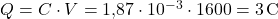  Q = C \cdot V = 1{,}87 \cdot 10^{-3} \cdot 1600 = 3 \, \text{C} 