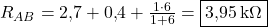  R_{AB} = 2{,}7 + 0{,}4 + \frac{1 \cdot 6}{1 + 6} = \boxed{3{,}95\,\text{k}\Omega} 