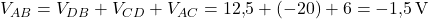  V_{AB} = V_{DB} + V_{CD} + V_{AC} = 12{,}5 + (-20) + 6 = -1{,}5\,\text{V} 