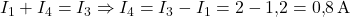  I_1 +I_4 =  I_3 \Rightarrow I_4 = I_3 - I_1 = 2 - 1{,}2 = 0{,}8\,\text{A} 