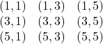 \[   \begin{array}{ccc}   (1,1) & (1,3) & (1,5) \\   (3,1) & (3,3) & (3,5) \\   (5,1) & (5,3) & (5,5) \\   \end{array}   \]