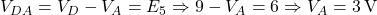  V_{DA} = V_D - V_A = E_5 \Rightarrow 9 - V_A = 6 \Rightarrow V_A = 3\,\text{V} 