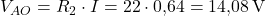  V_{AO} = R_2 \cdot I = 22 \cdot 0{,}64 = 14{,}08\,\text{V} 