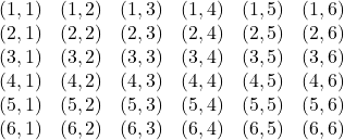 \[   \begin{array}{cccccc}   (1,1) & (1,2) & (1,3) & (1,4) & (1,5) & (1,6) \\   (2,1) & (2,2) & (2,3) & (2,4) & (2,5) & (2,6) \\   (3,1) & (3,2) & (3,3) & (3,4) & (3,5) & (3,6) \\   (4,1) & (4,2) & (4,3) & (4,4) & (4,5) & (4,6) \\   (5,1) & (5,2) & (5,3) & (5,4) & (5,5) & (5,6) \\   (6,1) & (6,2) & (6,3) & (6,4) & (6,5) & (6,6) \\   \end{array}   \]