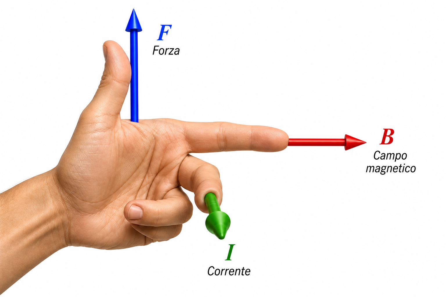 Regola della mano sinistra di Fleming con forza, campo magnetico e corrente mutuamente perpendicolari