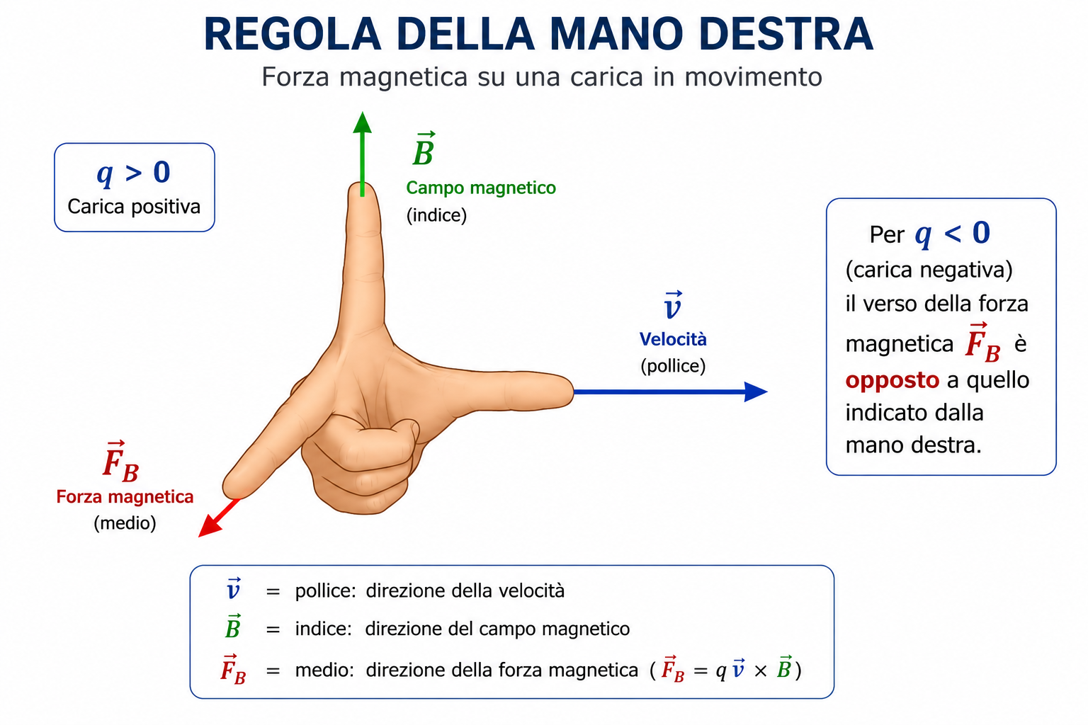 Regola della mano destra per determinare il verso della forza magnetica su una carica in movimento