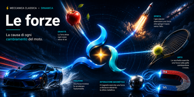 Hero del capitolo "Le forze" con esempi di gravità, spinta, urto, trazione e interazione magnetica collegati dal simbolo MEGi.