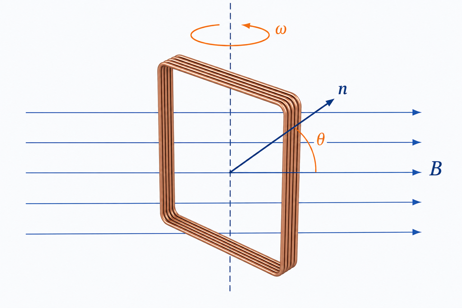 Bobina rettangolare di N spire rotante in un campo magnetico uniforme B, con versore normale n e angolo theta tra il campo e la normale