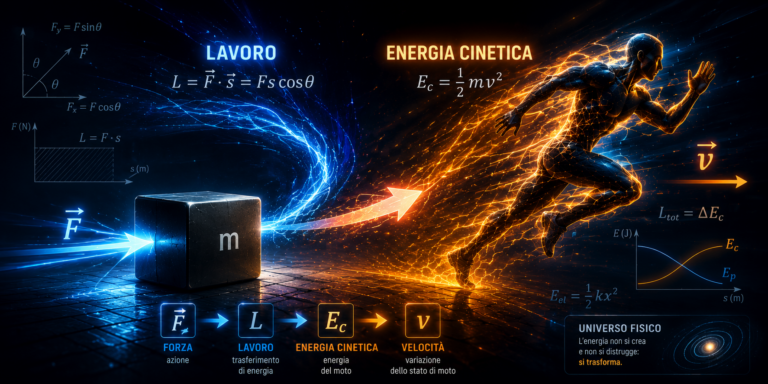Hero cinematografica sul teorema lavoro–energia con forza applicata, trasformazione energetica, particelle luminose e movimento di un corpo.