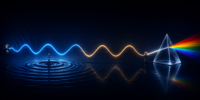 Onde in fisica: propagazione delle onde sonore, onde sull'acqua, onde trasversali su una corda e dispersione della luce con prisma