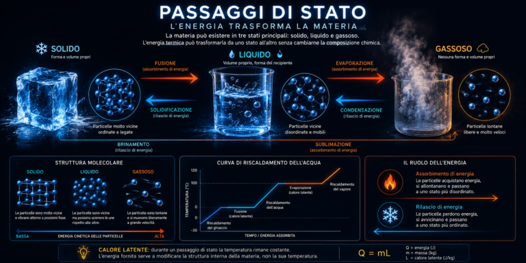 Infografica sui passaggi di stato della materia e sul calore latente con struttura molecolare, fusione, evaporazione e condensazione