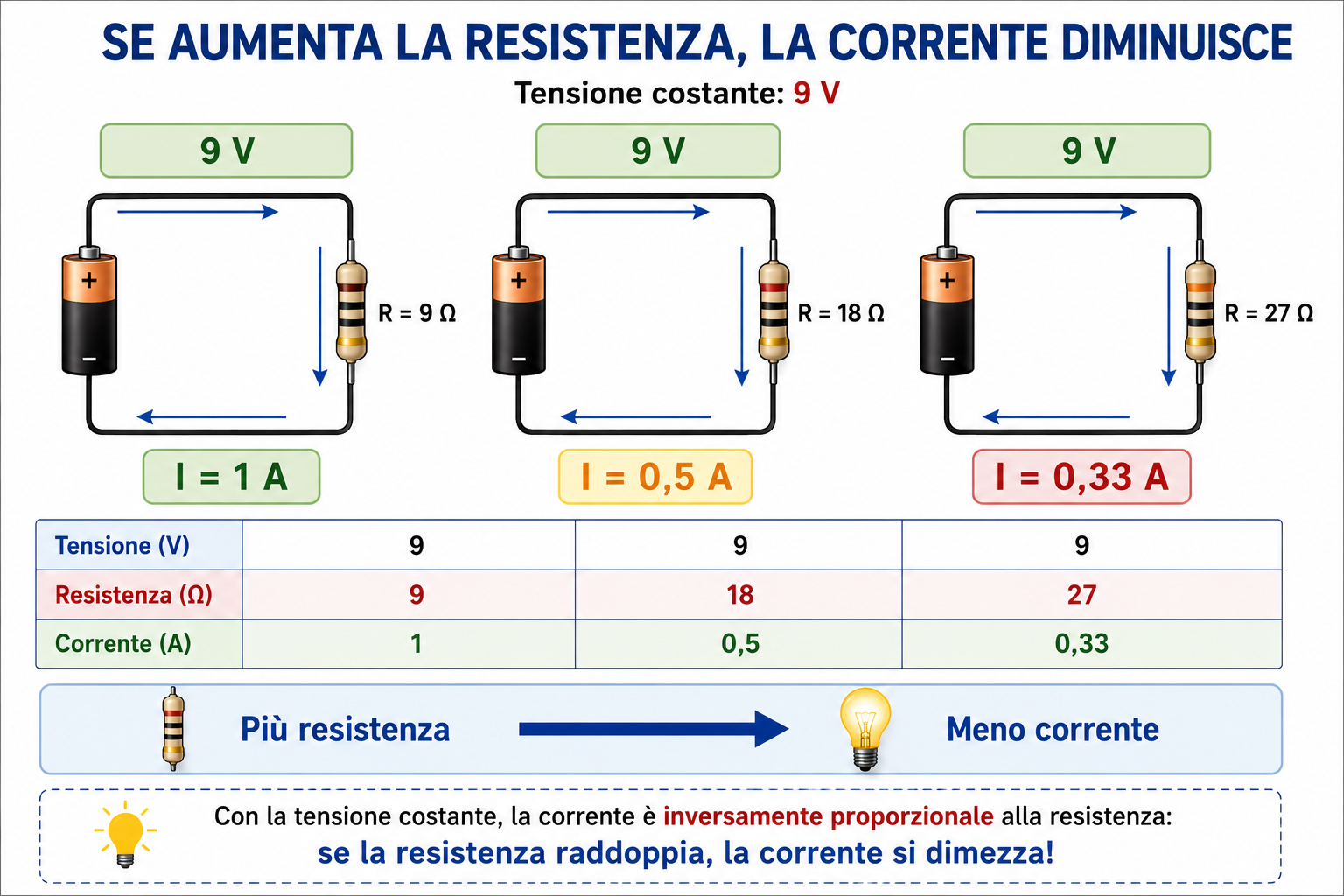 Confronto tra tre circuiti elettrici alimentati a 9 V che mostra come la corrente diminuisca da 1 A a 0,33 A quando la resistenza aumenta da 9 Ω a 27 Ω secondo la legge di Ohm.