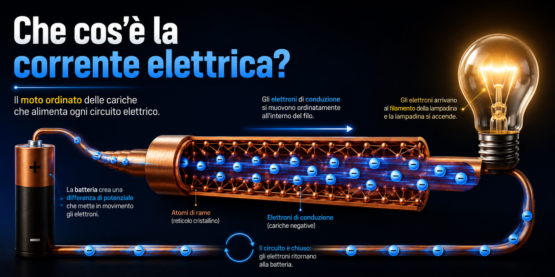 Schema della corrente elettrica con una batteria, un filo di rame in sezione, gli elettroni di conduzione in movimento e una lampadina accesa che mostra il moto ordinato delle cariche in un circuito chiuso.