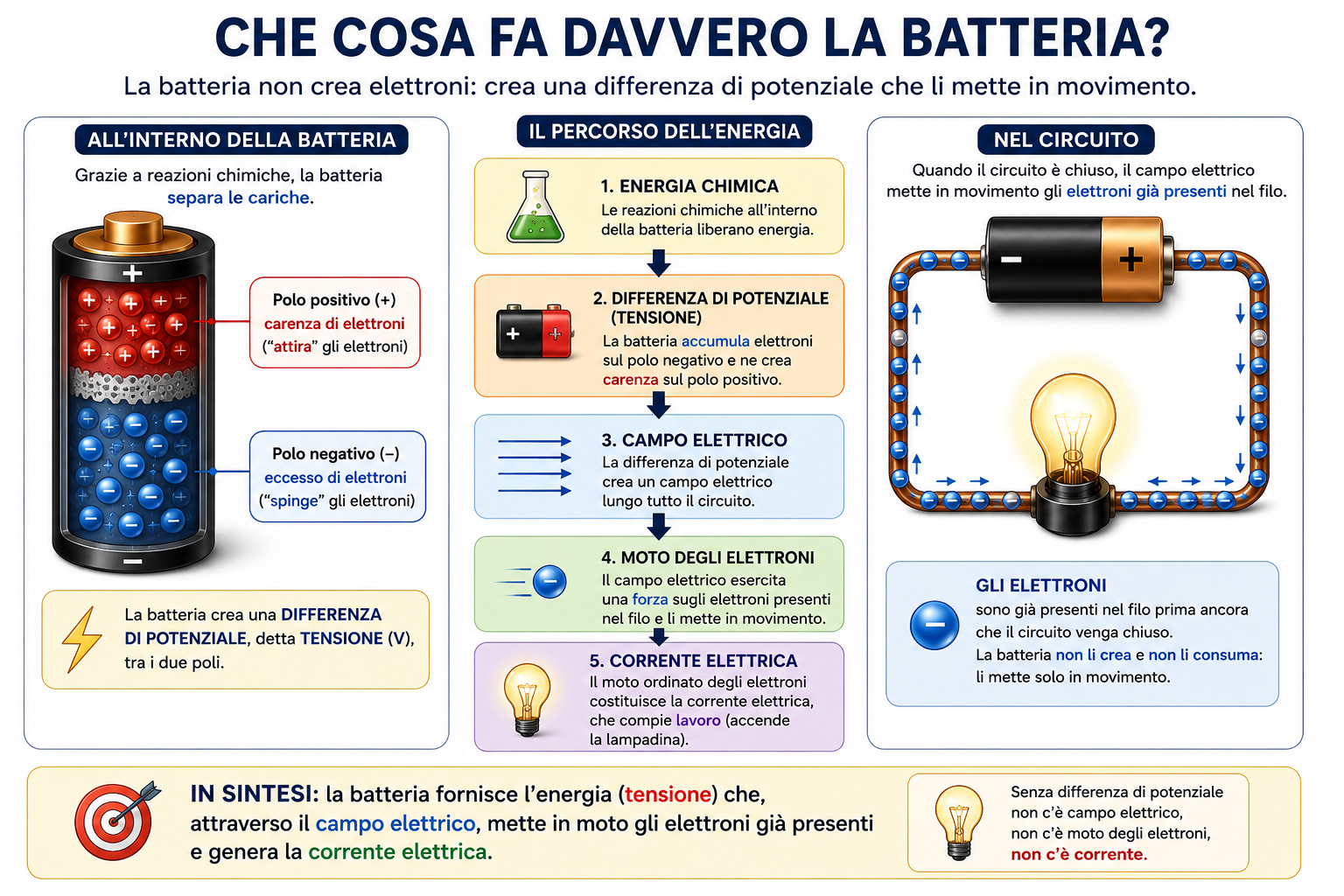 Infografica che spiega come una batteria trasforma l'energia chimica in differenza di potenziale, genera un campo elettrico e mette in movimento gli elettroni già presenti nel circuito, dando origine alla corrente elettrica.