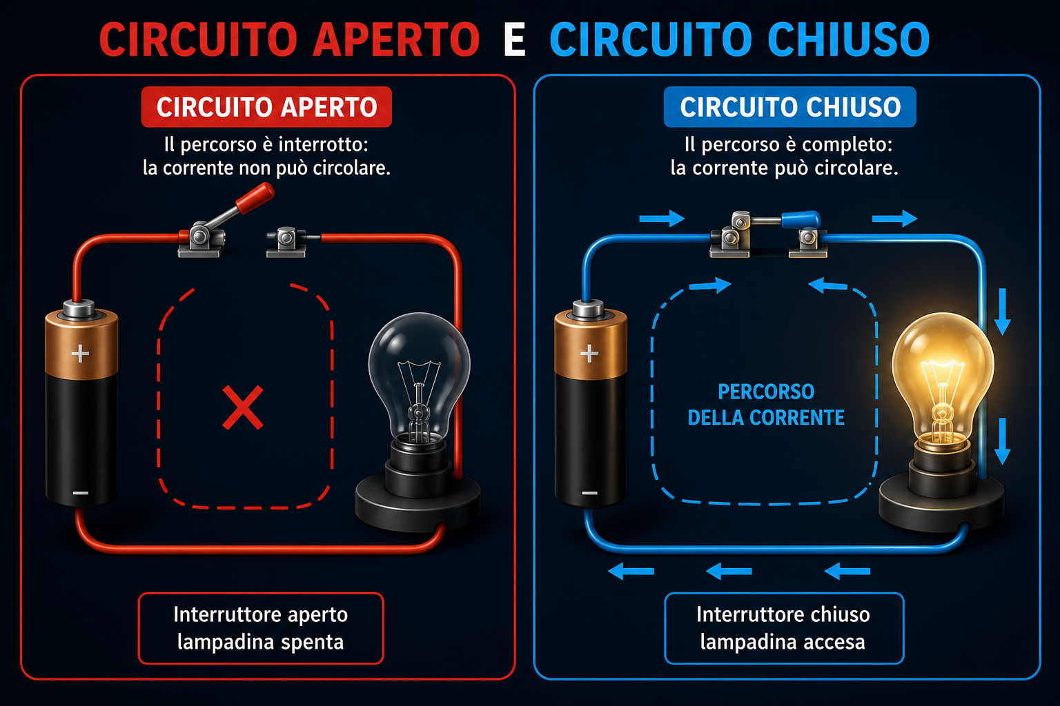 Infografica che confronta un circuito aperto con una lampadina spenta e un circuito chiuso con una lampadina accesa, mostrando il percorso della corrente elettrica.