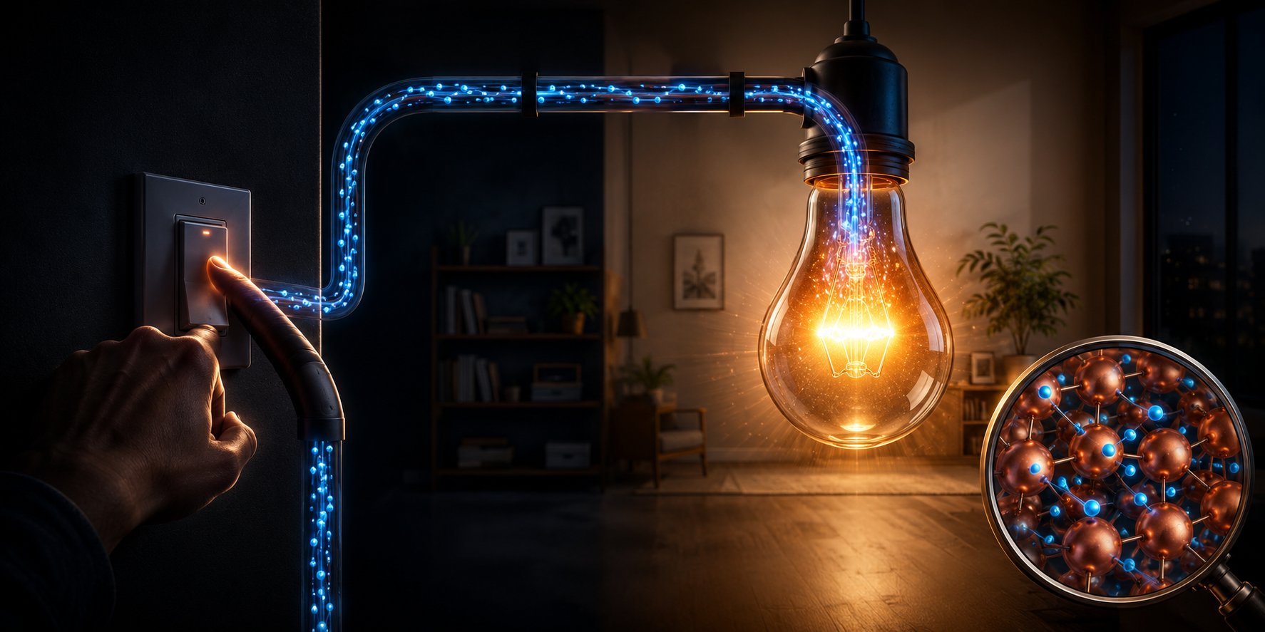 Una mano chiude un interruttore completando un circuito elettrico e facendo accendere una lampadina.