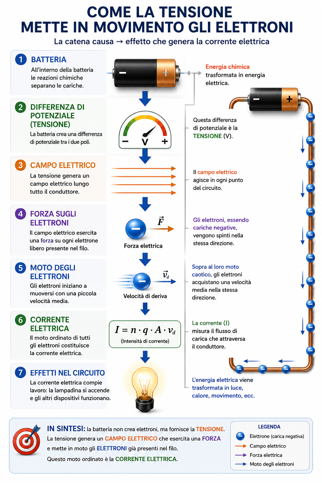 Infografica che illustra la catena causa-effetto: la batteria genera una differenza di potenziale (tensione), che crea un campo elettrico, esercita una forza sugli elettroni e produce la corrente elettrica.