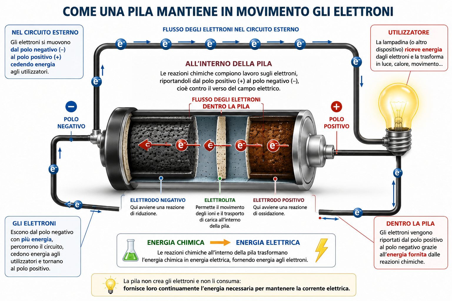Schema illustrato che mostra come una pila trasforma l'energia chimica in energia elettrica, mantenendo gli elettroni in movimento dal polo negativo al polo positivo attraverso un circuito con una lampadina.
