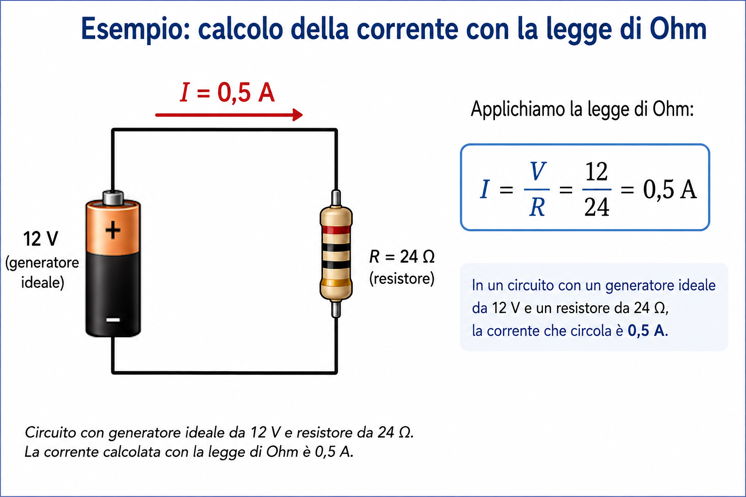 Schema di un circuito elettrico con un generatore ideale da 12 V e un resistore da 24 Ω che mostra il calcolo della corrente di 0,5 A mediante la legge di Ohm.