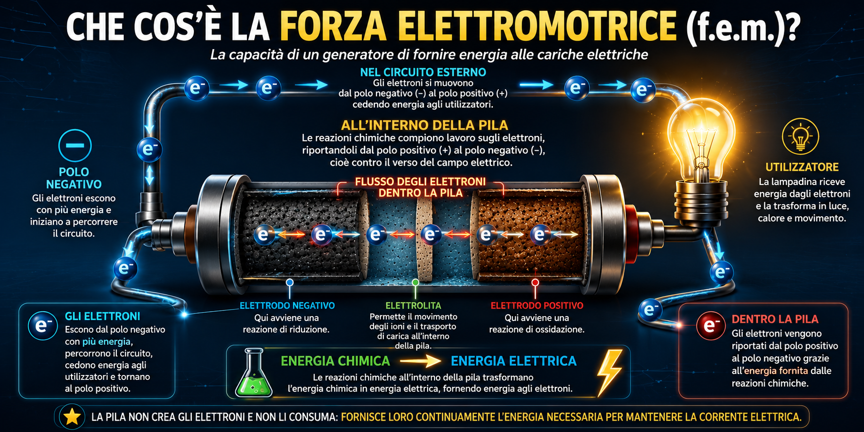 Illustrazione della forza elettromotrice con una pila in sezione che mostra il flusso degli elettroni nel circuito esterno e il loro ritorno all'interno della pila grazie alla trasformazione dell'energia chimica in energia elettrica.