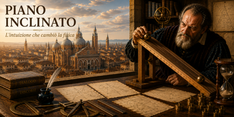 Galileo Galilei nel laboratorio di Padova osserva una sfera che rotola su un piano inclinato, con la Basilica di Sant'Antonio sullo sfondo. Illustrazione storica del celebre esperimento che diede origine alla meccanica sperimentale.