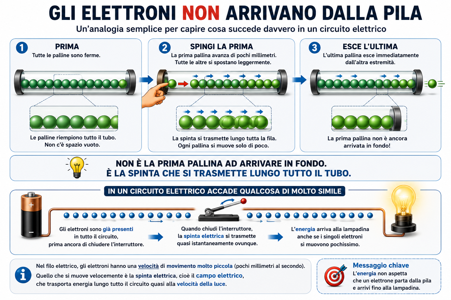 Infografica che utilizza l'analogia di un tubo pieno di palline per spiegare perché gli elettroni non partono dalla pila e come l'energia si propaghi rapidamente in un circuito elettrico.