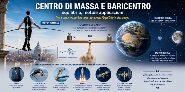 Hero del capitolo sul centro di massa e baricentro con un funambolo in equilibrio, un'asta bilanciata sul centro di massa, il sistema Terra-Luna e le principali applicazioni nella vita quotidiana, nello sport e nell'astronautica.