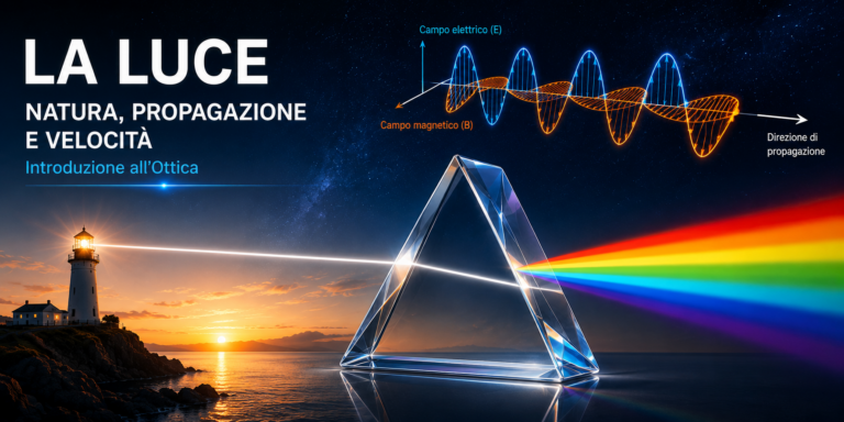 La luce come onda elettromagnetica: propagazione di un raggio luminoso attraverso un prisma con dispersione nei colori dello spettro visibile
