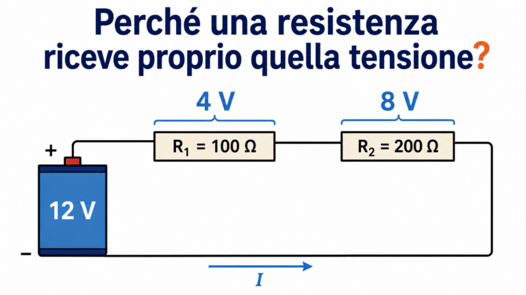 Circuito con due resistenze in serie alimentate da una batteria da 12 V che mostra come la tensione si ripartisce in 4 V e 8 V in base al valore delle resistenze.