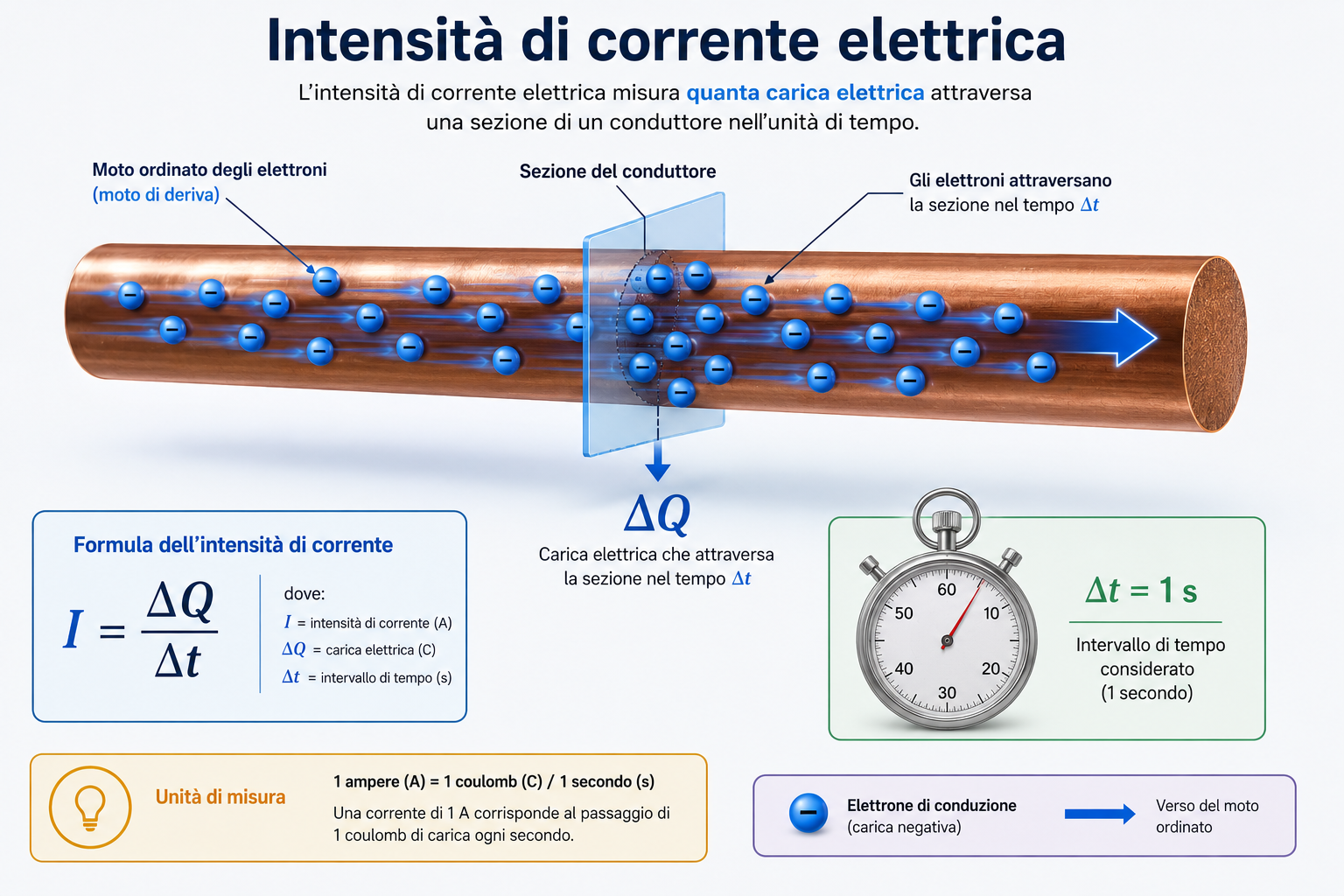 Infografica sull'intensità di corrente elettrica che mostra gli elettroni di conduzione mentre attraversano la sezione di un filo di rame, la formula I = ΔQ/Δt e la definizione di ampere come coulomb al secondo.