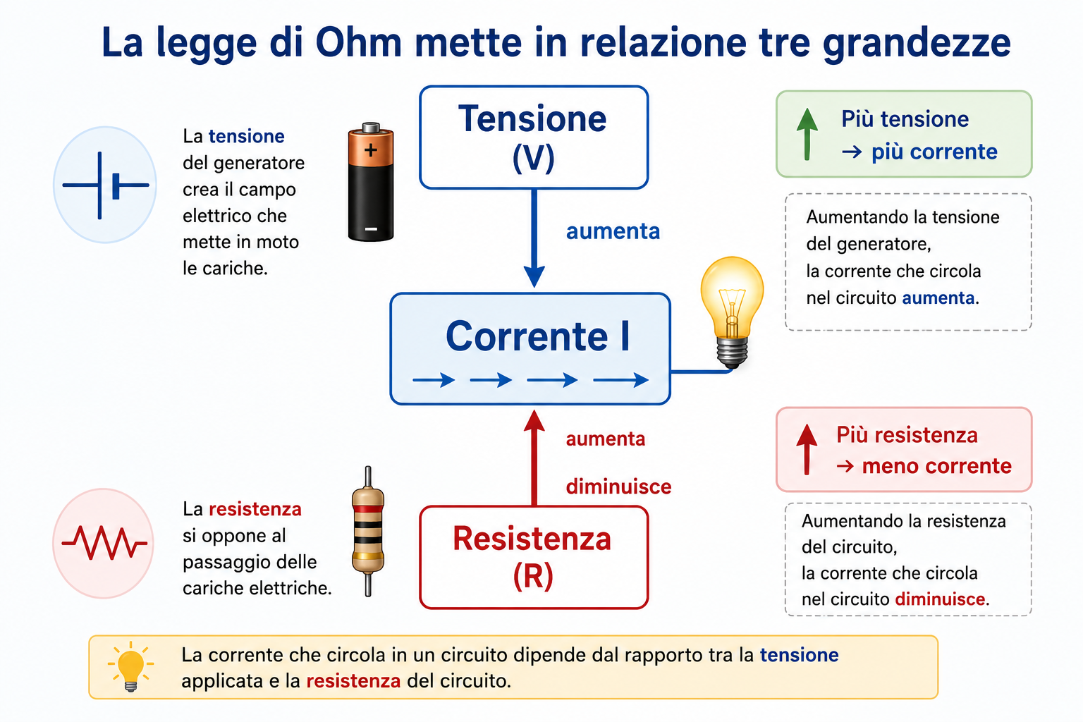 Schema che illustra la relazione tra tensione, corrente e resistenza secondo la legge di Ohm, mostrando come la corrente aumenti con la tensione e diminuisca all'aumentare della resistenza.