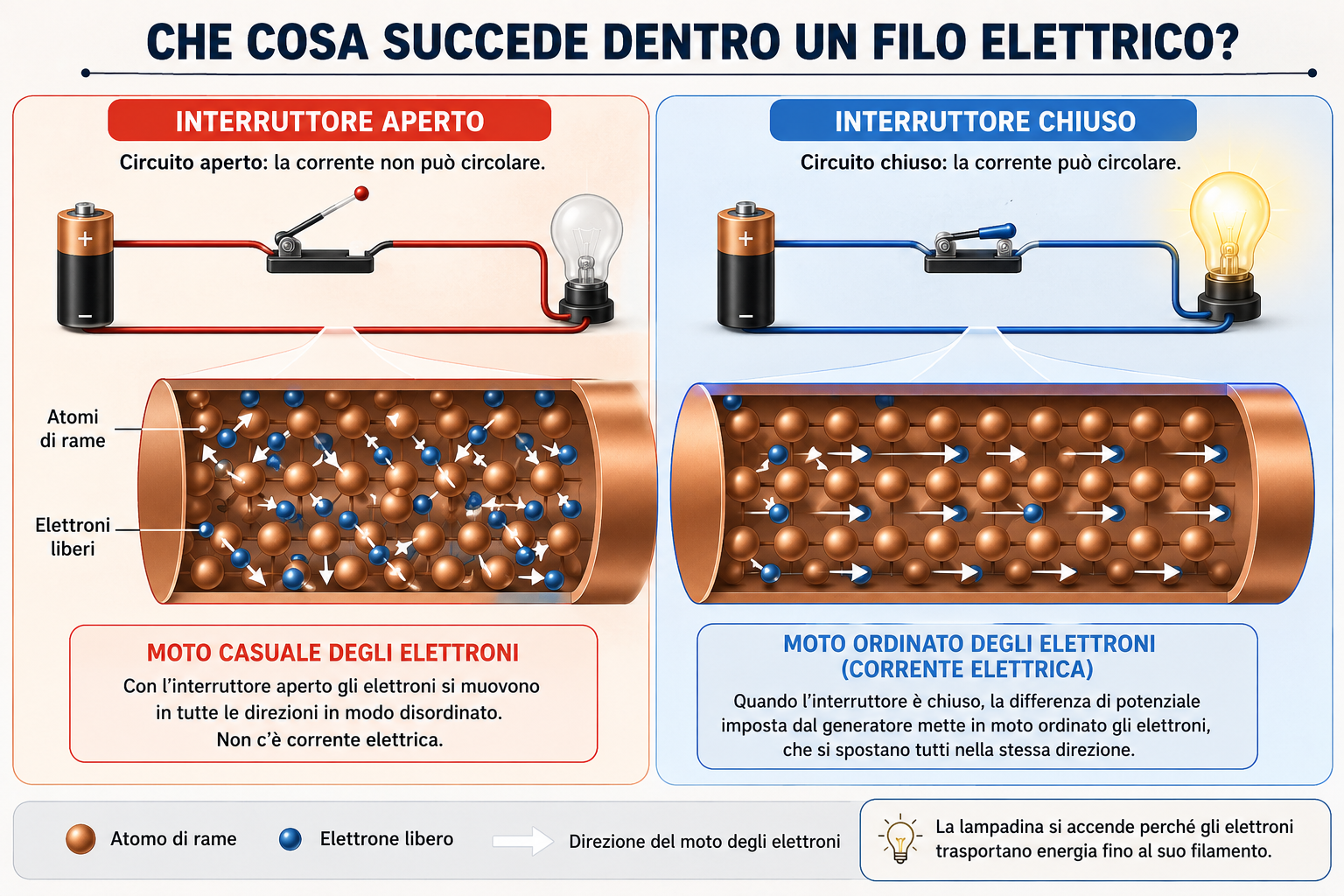 Infografica che mostra il comportamento degli elettroni in un filo di rame con circuito aperto e circuito chiuso, evidenziando il passaggio dal moto casuale alla corrente elettrica.