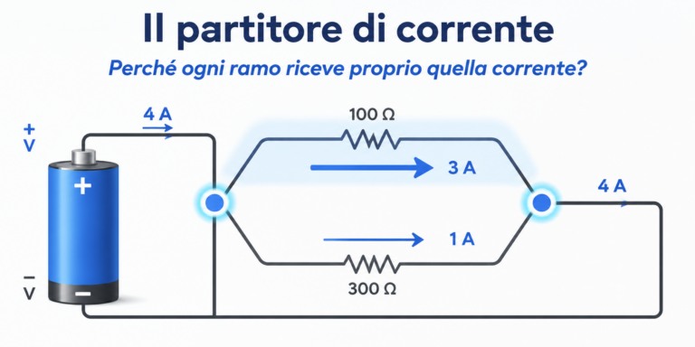 Schema del partitore di corrente con due resistenze in parallelo che mostrano come la corrente totale si divide in funzione del valore delle resistenze.