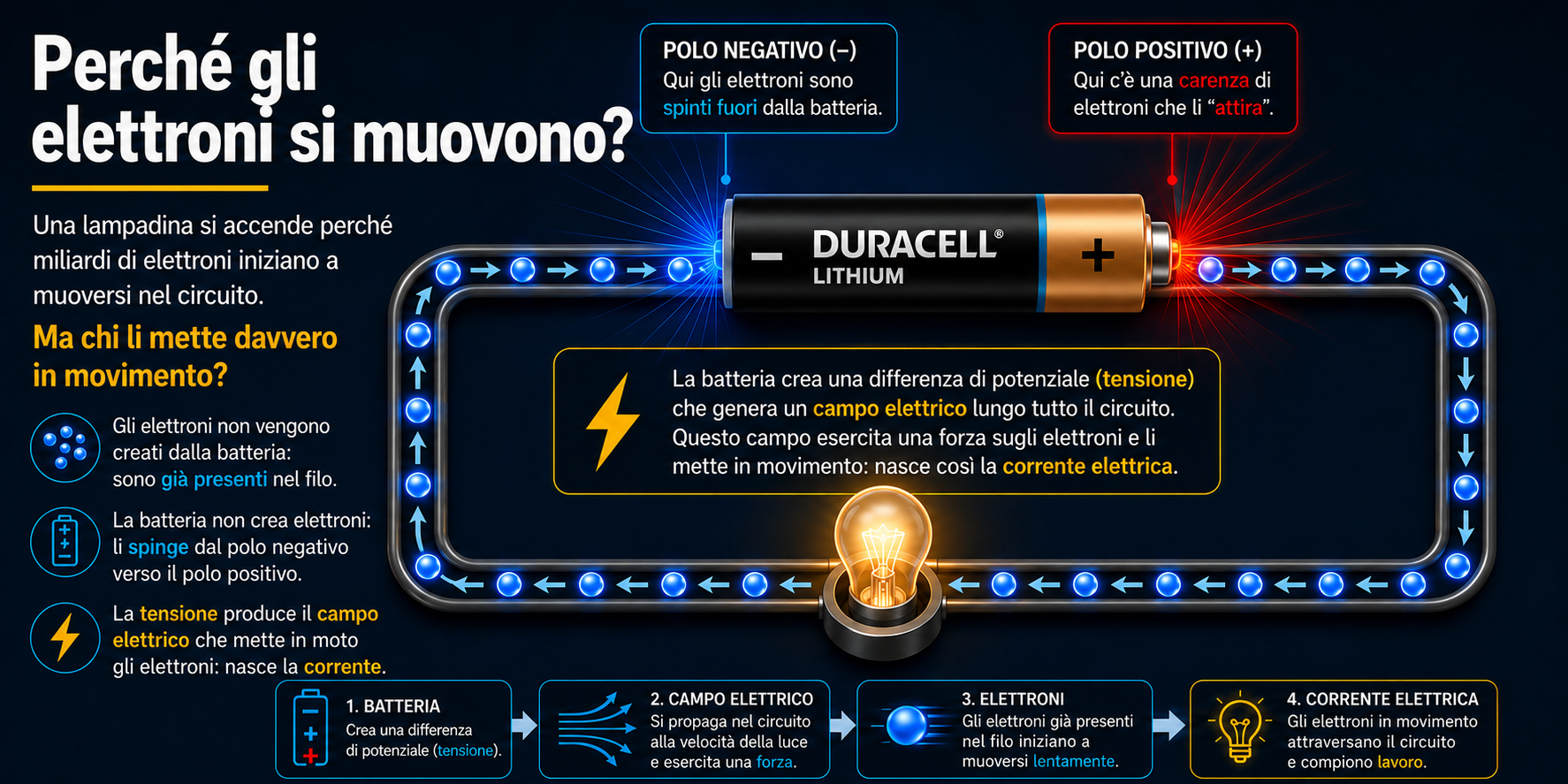 Schema di un circuito elettrico che mostra come la batteria, attraverso la tensione, mette in movimento gli elettroni già presenti nel conduttore generando la corrente elettrica.