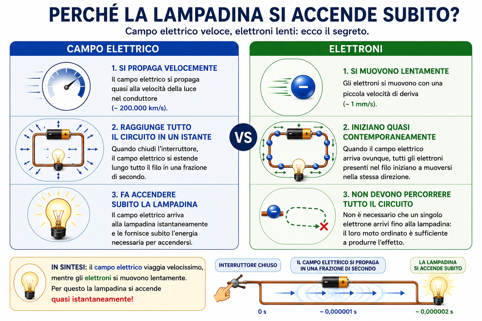 Infografica che confronta la rapida propagazione del campo elettrico con il lento moto degli elettroni, spiegando perché una lampadina si accende quasi istantaneamente quando il circuito viene chiuso.