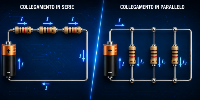 Confronto tra resistenze in serie e in parallelo: nel circuito in serie la corrente I è la stessa in tutti i resistori, mentre nel parallelo si divide nelle correnti I₁, I₂ e I₃.