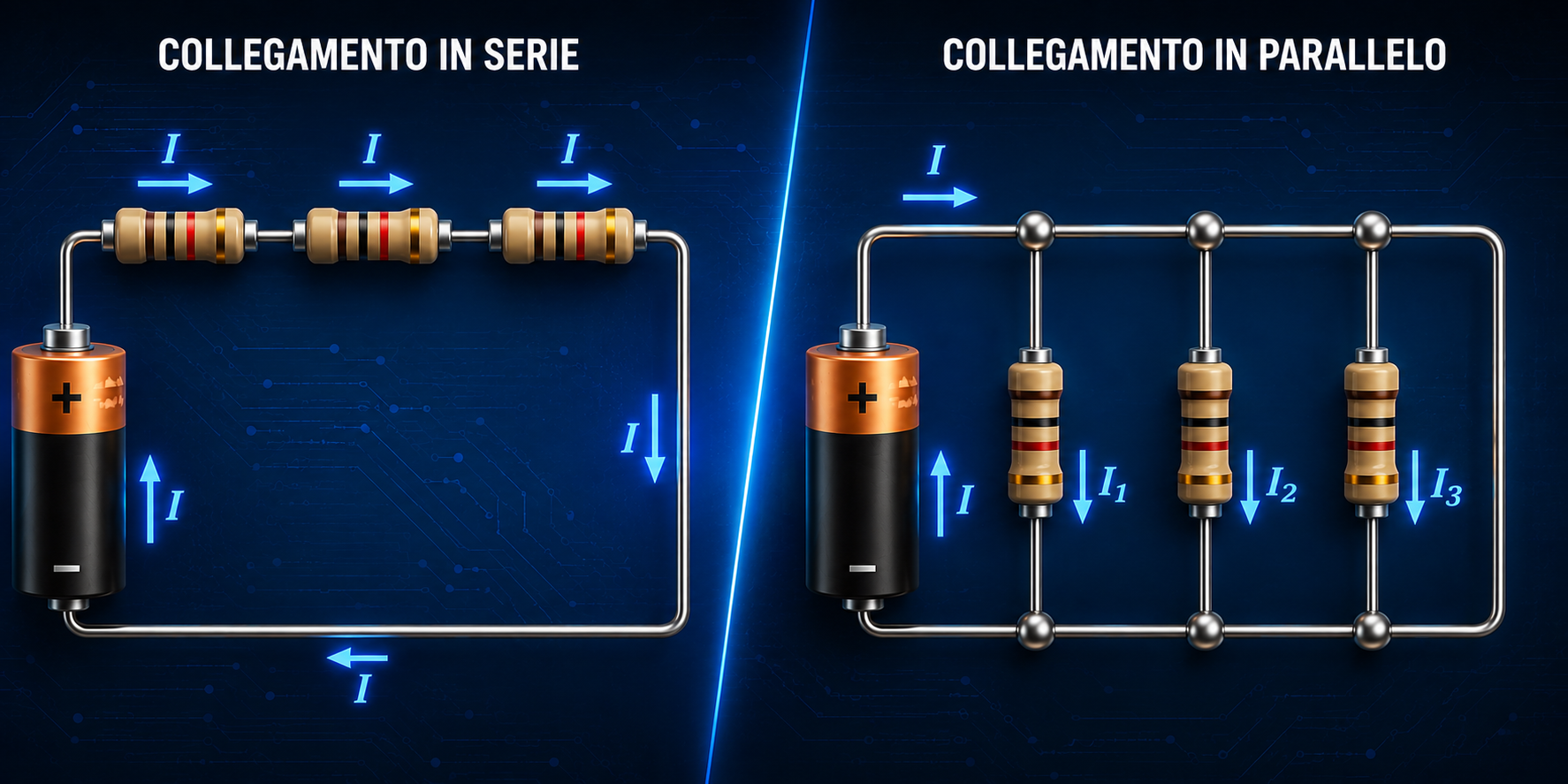 Confronto tra resistenze in serie e in parallelo: nel circuito in serie la corrente I è la stessa in tutti i resistori, mentre nel parallelo si divide nelle correnti I₁, I₂ e I₃.