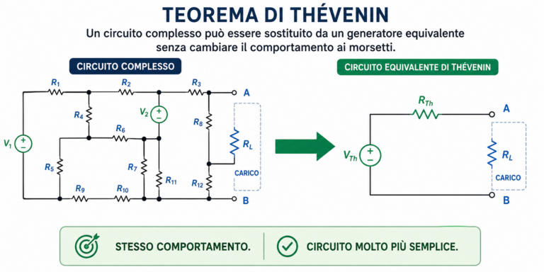 Schema del Teorema di Thévenin che mostra la sostituzione di un circuito complesso con un generatore equivalente formato da una tensione e una resistenza ai morsetti del carico.