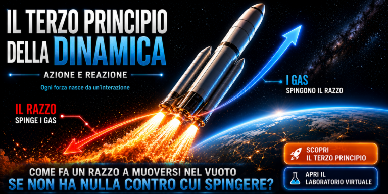 Illustrazione del Terzo Principio della Dinamica con un razzo nello spazio che mostra il principio di azione e reazione attraverso l'espulsione dei gas e la spinta sul razzo.